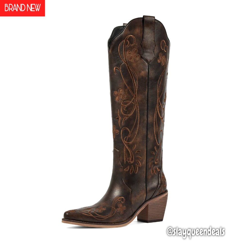 Knee High Cowboy Boots With Floral Embroidery, Pointed Toe, Chunky Heel, Zipper